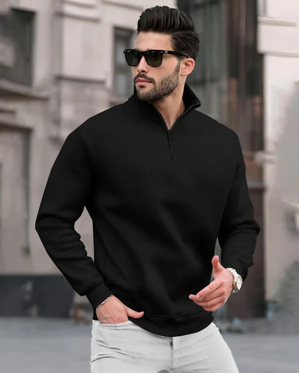 Black Quarter Zip Fleece Sweatshirt For men