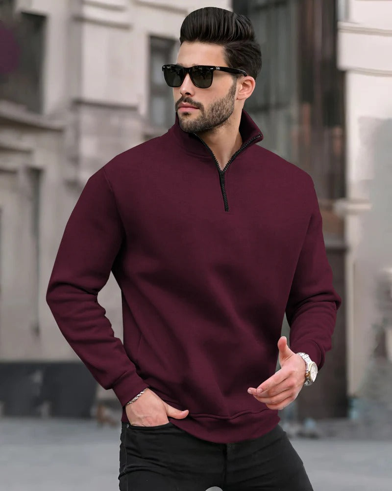 Maroon Quarter Zip Fleece Sweatshirt For men