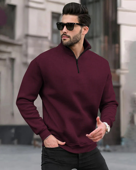 Maroon Quarter Zip Fleece Sweatshirt For men