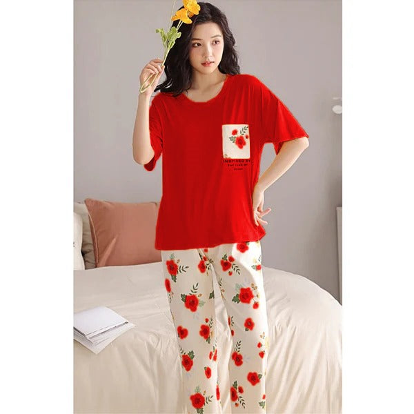Pocket Flower Red  Pj set