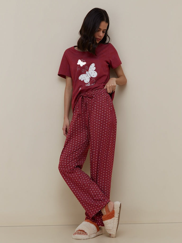 Maroon Butterfly Printed  Pj set