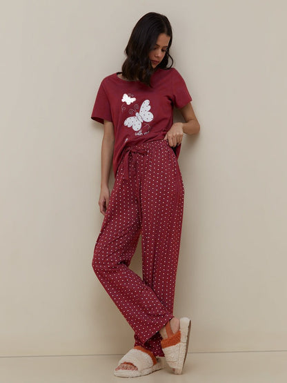 Maroon Butterfly Printed  Night Suit