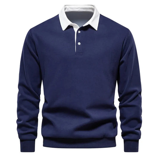 Navy blue with white multicolor Polo Collar Long Sleeves Sweatshirt