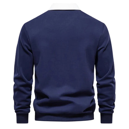 Navy blue with white multicolor Polo Collar Long Sleeves Sweatshirt