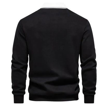 Black with white multicolor Polo Collar Long Sleeves Sweatshirt
