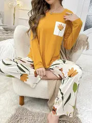 Yellow Flower Pocket Printed Pj set