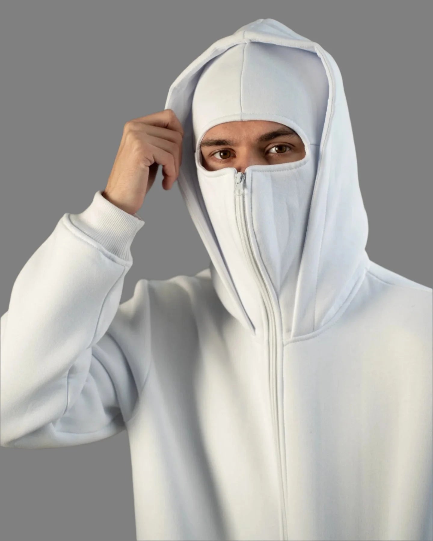 White Balaclava Ninja Zipper Hoodie Jacket For Men