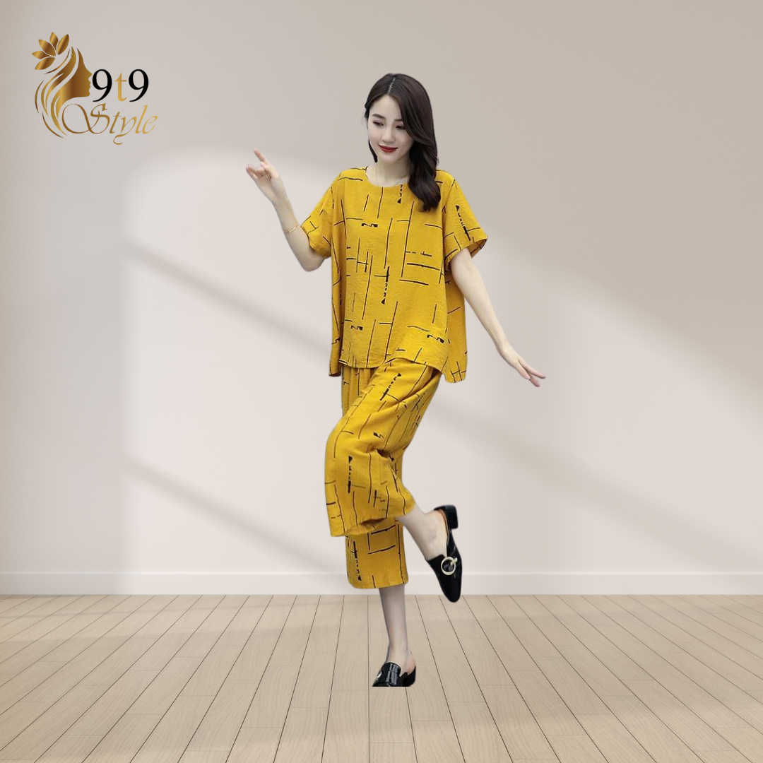Yellow Printed Capri Pj set