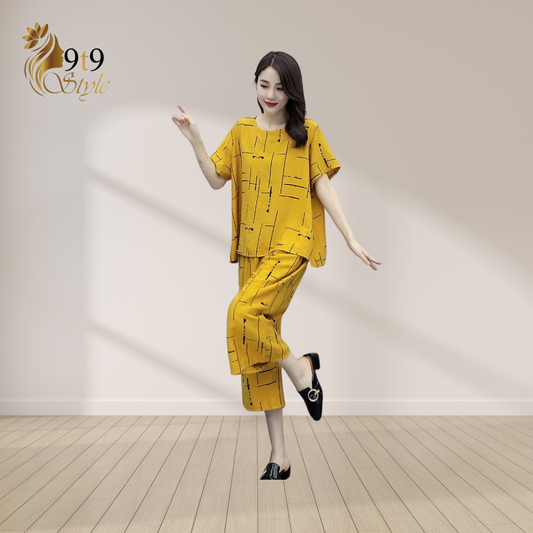 Yellow Printed Capri Night Suit