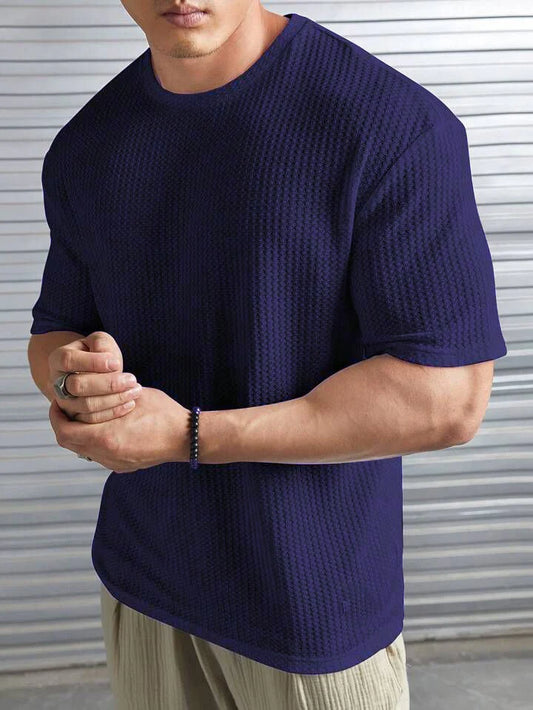 9t9 Navy Blue Premium Oversized Waffle Knitted Tee