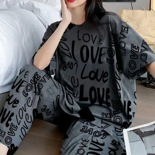 Steel Grey Love Printed Pj Suit