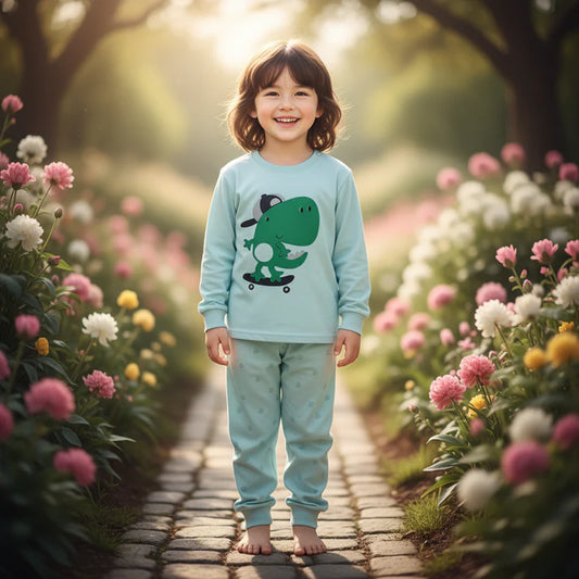 Green & Sky Dino Printed Fleece Kids Wear (Each)