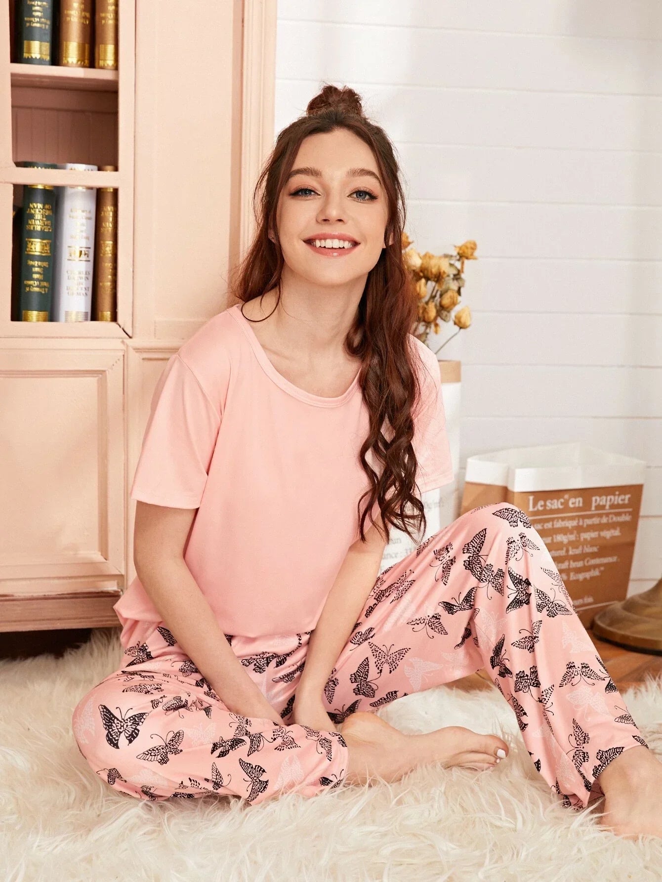 Baby Pink With Butterfly Printed Pajama Pj set