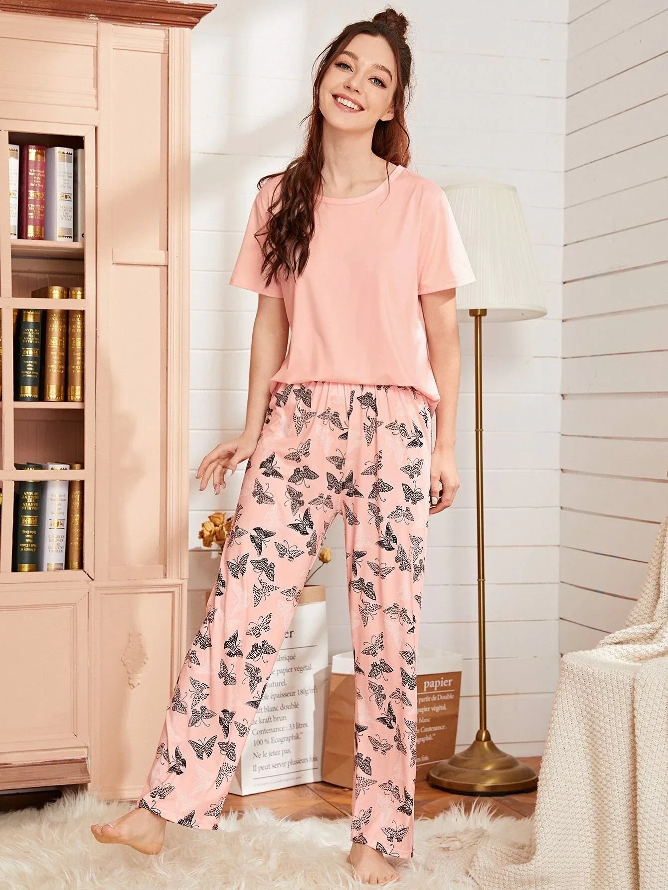 Baby Pink With Butterfly Printed Pajama Pj set